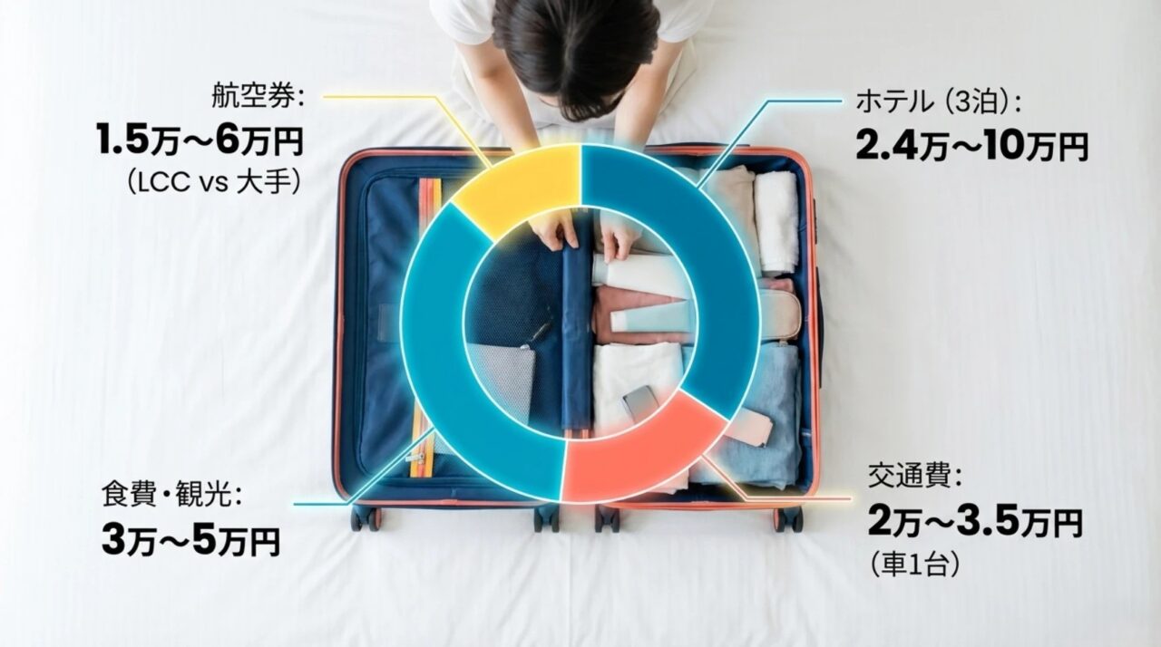 沖縄旅行3泊4日の航空券、ホテル3泊、食費と観光、レンタカー交通費の予算内訳