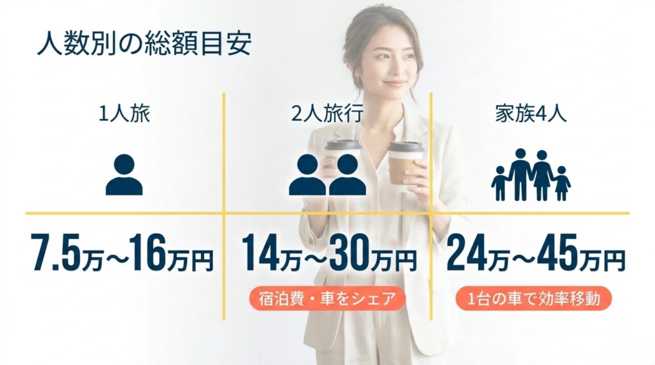 沖縄旅行3泊4日の総額目安は1人7万5千円から16万円、2人14万円から30万円、家族4人24万円から45万円