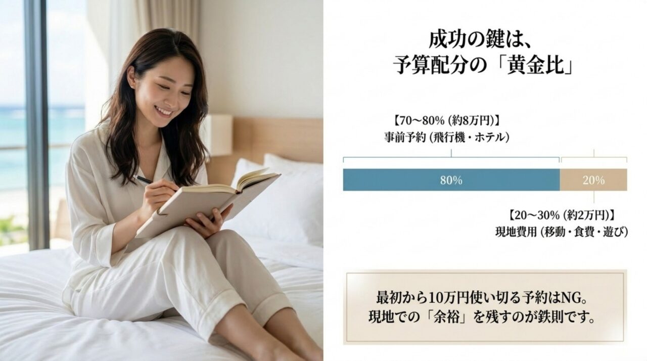 予算10万円の70〜80％を航空券とホテル、20〜30％を現地費用に残す配分図