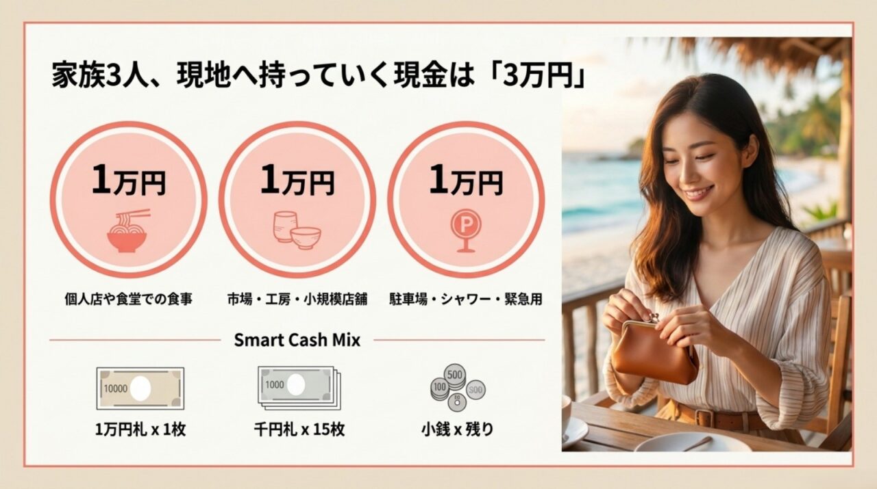 個人店の食事・市場や工房・駐車場などに使う現金3万円の配分例