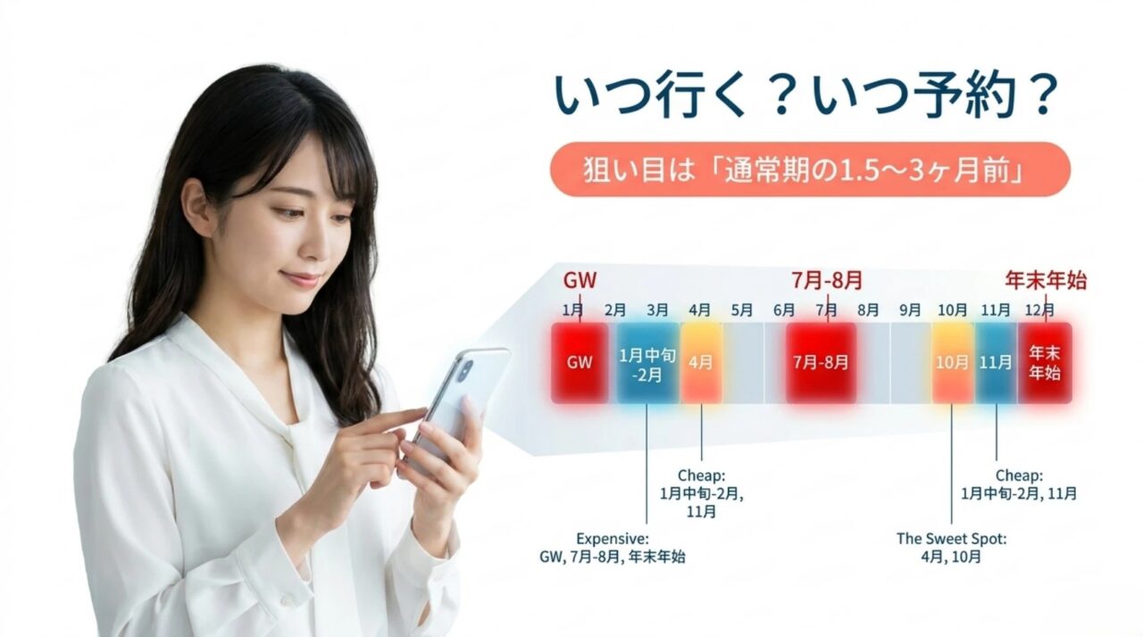 沖縄旅行の繁忙期と安い時期を年間カレンダーで示し通常期は1か月半から3か月前の予約を目安にする図