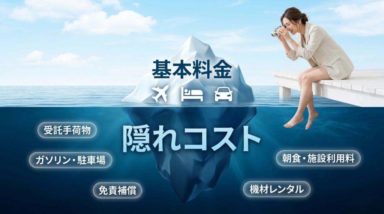 沖縄旅行で基本料金以外に発生しやすい受託手荷物、ガソリン、駐車場、補償、朝食などの追加費用