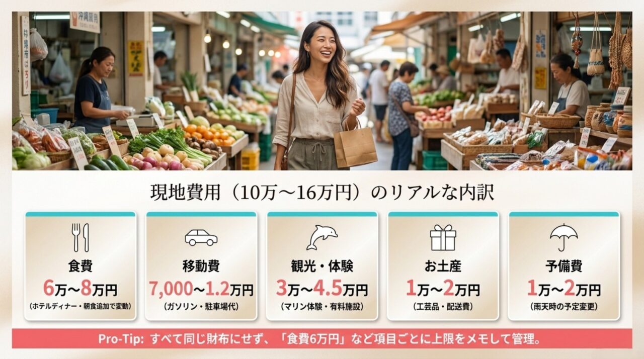 食費・移動費・観光体験・お土産・予備費に分けた沖縄旅行の現地費用内訳