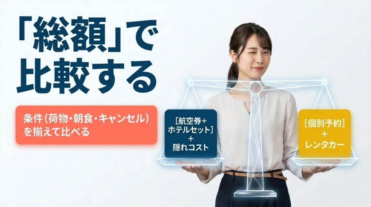 航空券とホテルのセットに隠れた費用を加えた総額と個別予約とレンタカーの総額を比較する図