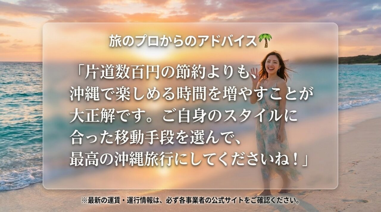 那覇空港から美ら海水族館へ行く旅のアドバイス 料金だけでなく沖縄で楽しめる時間を重視して移動手段を選ぶよう案内するスライド
