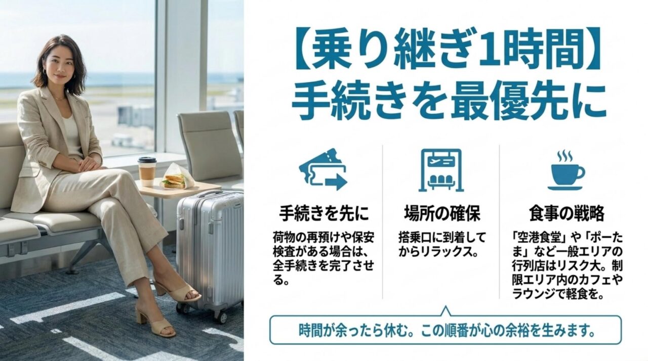 那覇空港の乗り継ぎ1時間では手続きを最優先にすることを示す図解