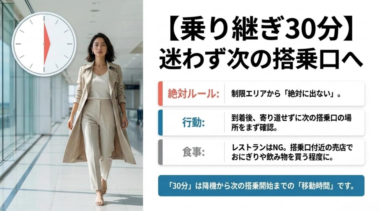 那覇空港の乗り継ぎ30分では迷わず次の搭乗口へ向かうことを示す図解