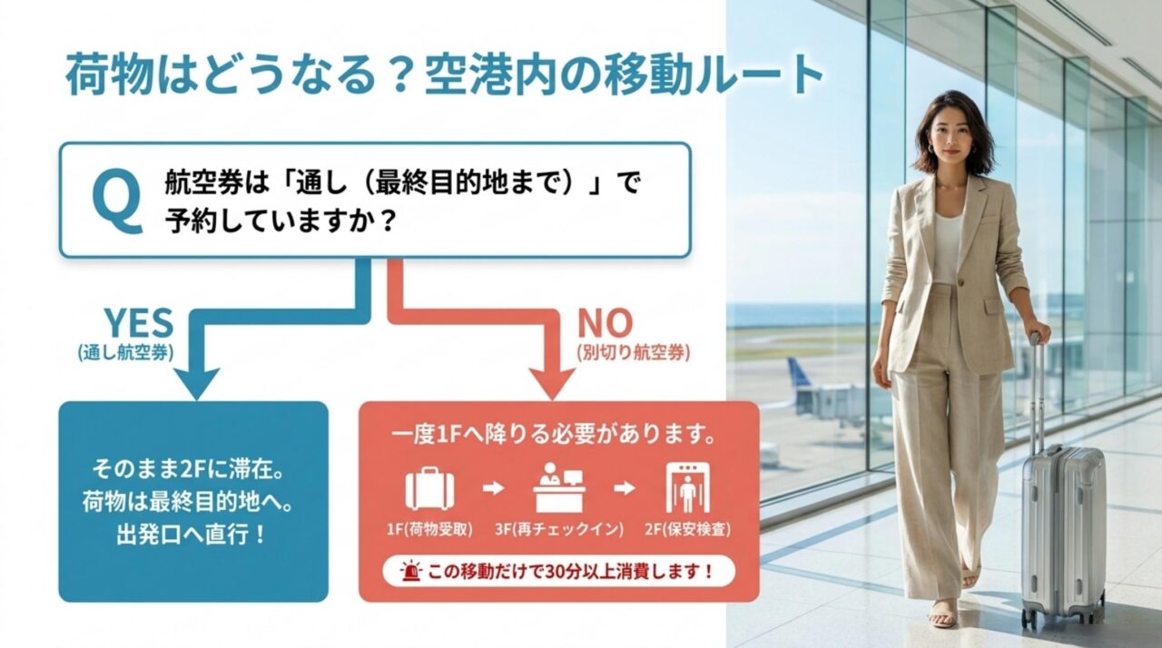 那覇空港で通し航空券と別切り航空券の荷物動線を比較した図解