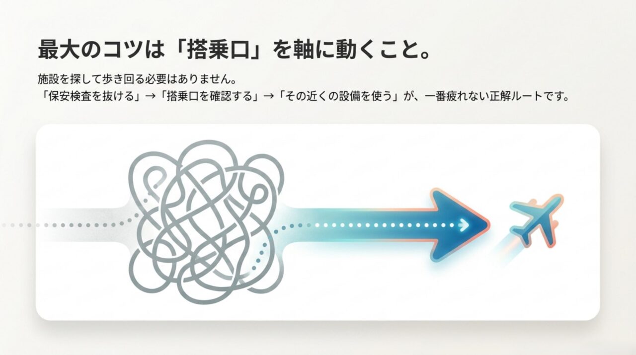 那覇空港で保安検査後に搭乗口を確認し近くの設備を使う子連れ動線