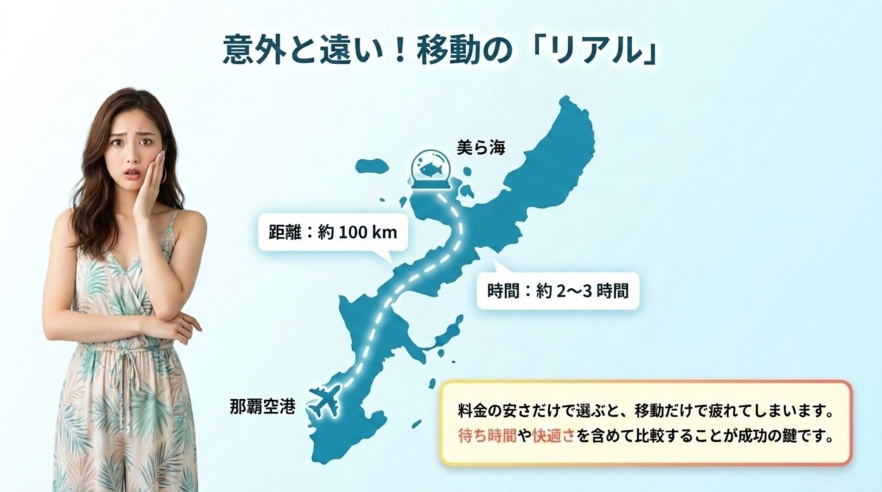 那覇空港から美ら海水族館までの距離と時間 那覇空港から美ら海水族館まで約100kmで移動に約2〜3時間かかることを示す沖縄本島の図