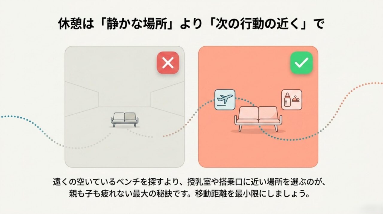 那覇空港で遠くの空いているベンチより授乳室や搭乗口に近い休憩スペースを選ぶ考え方