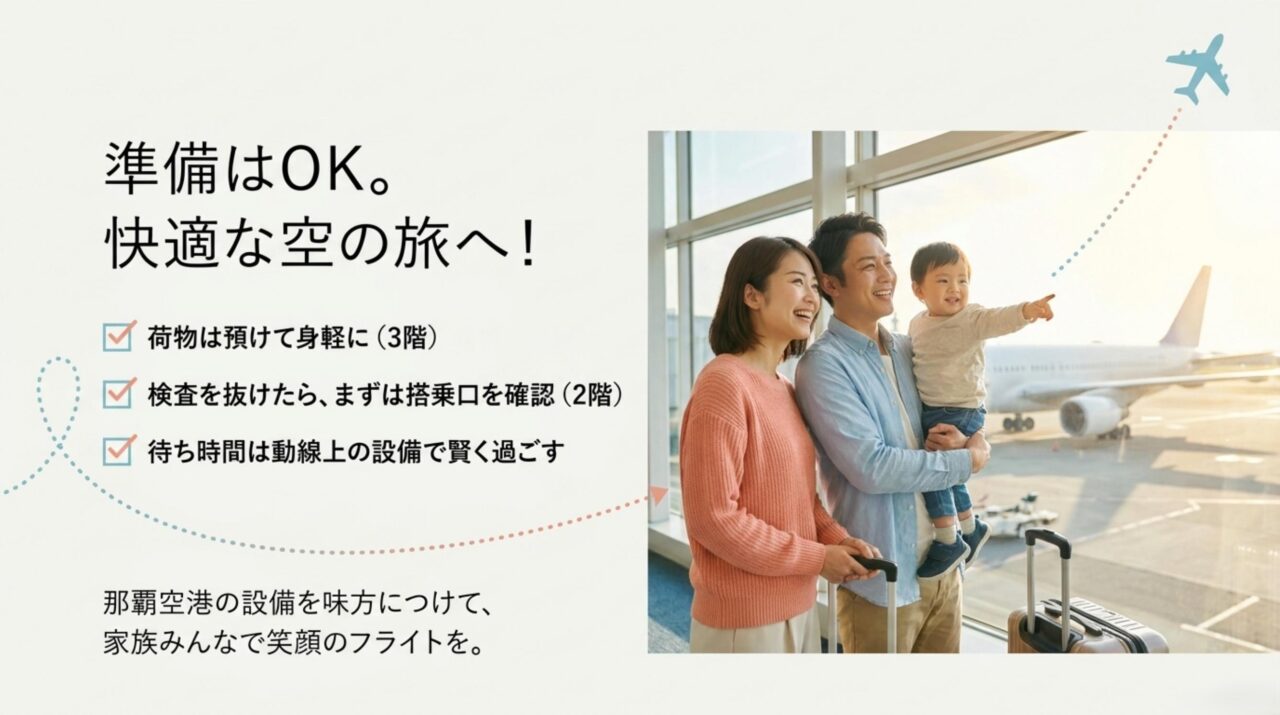 那覇空港で荷物を預け保安検査後に搭乗口を確認し動線上の設備で待ち時間を過ごす子連れチェックリスト