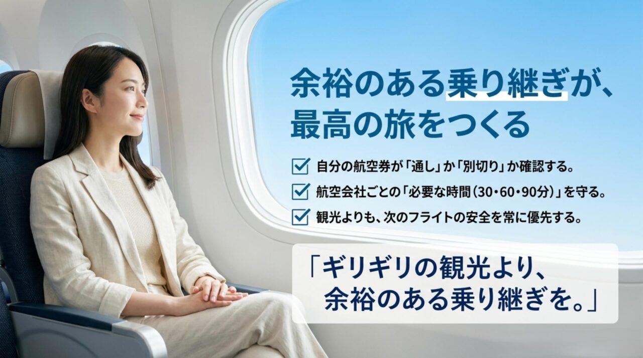 那覇空港の乗り継ぎは余裕を持つことが大切とまとめたスライド