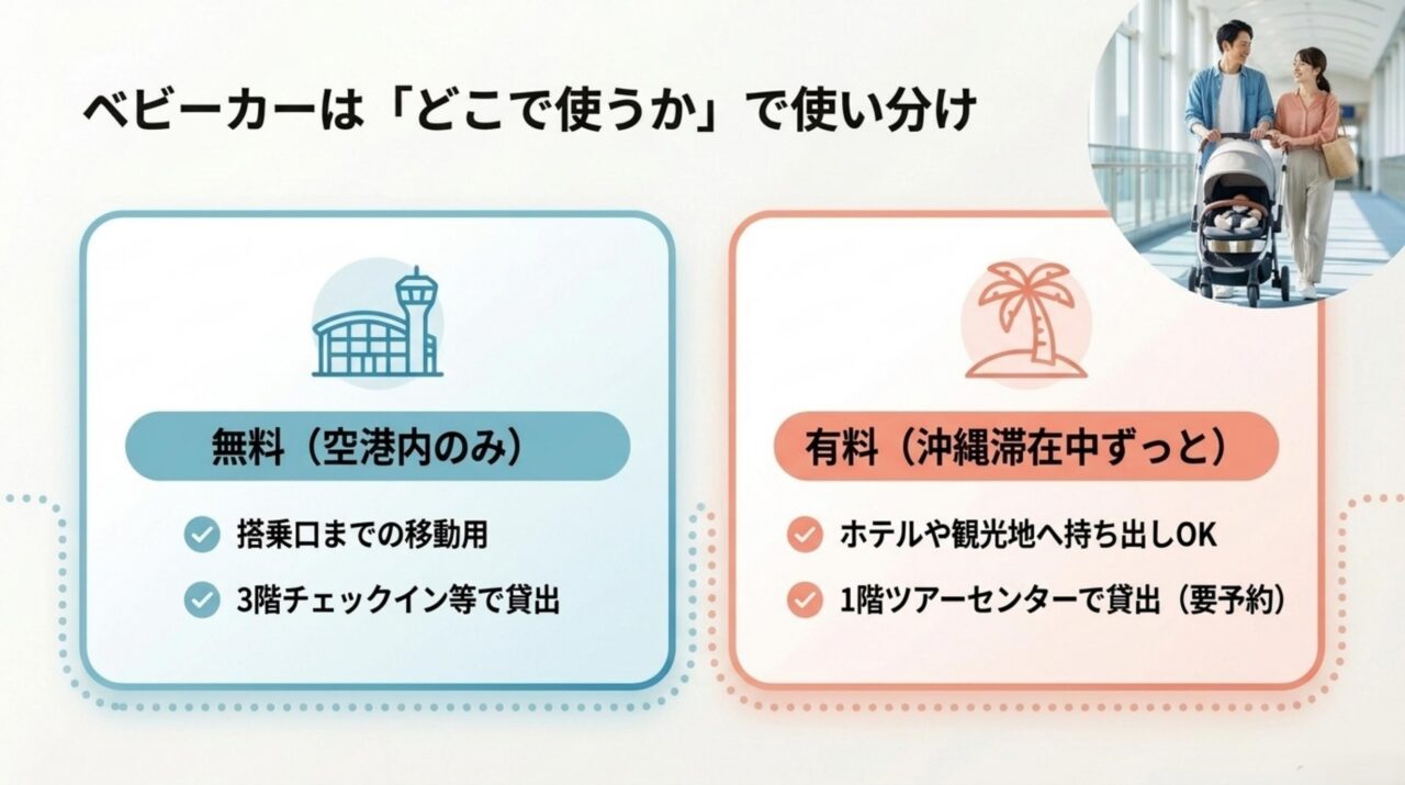 那覇空港の空港内無料ベビーカーと沖縄滞在中に使える有料ベビーカーレンタルの違い