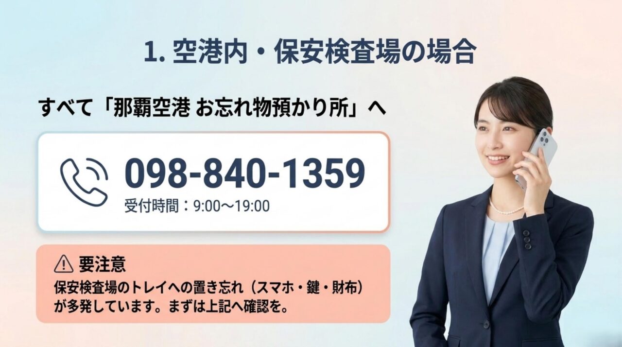 那覇空港ターミナルと保安検査場の忘れ物問い合わせ電話番号098-840-1359
