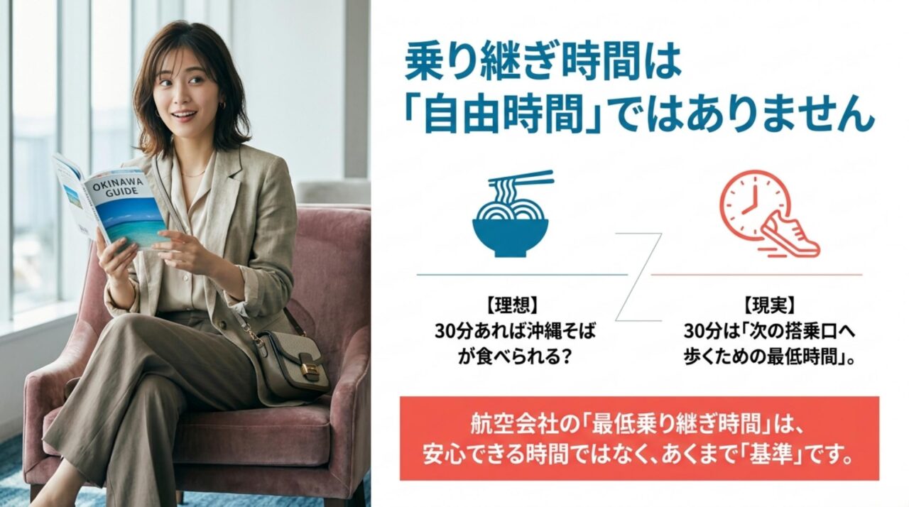 那覇空港の最低乗り継ぎ時間は自由時間ではないことを説明する図解