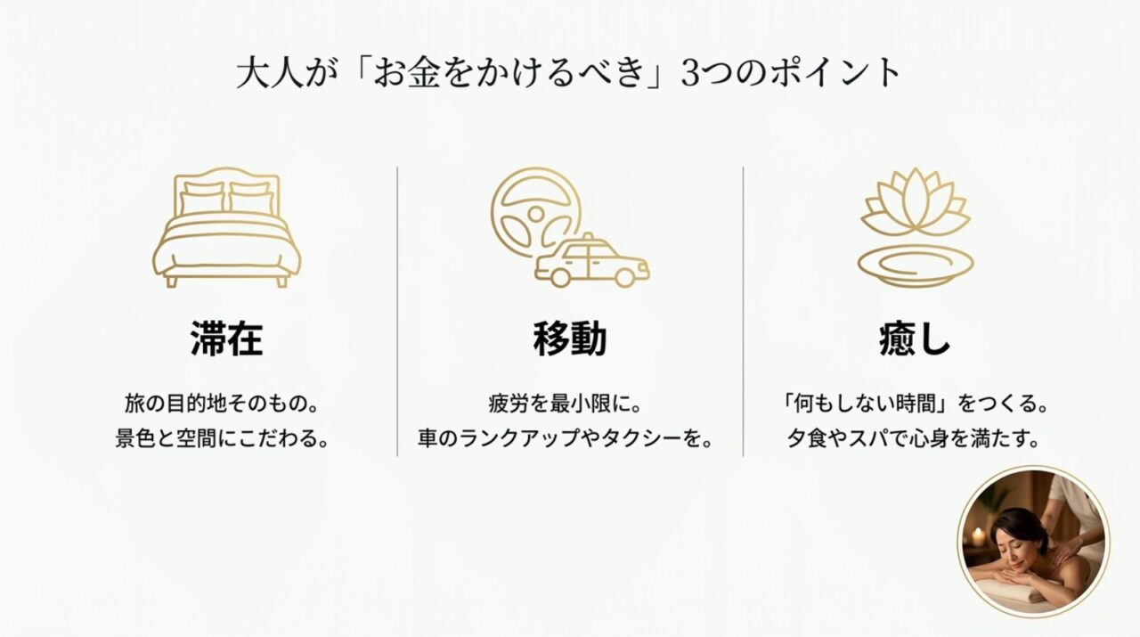 50代の沖縄旅行でお金をかけたい3つのポイント 50代の沖縄旅行で滞在・移動・癒しにお金をかける3つのポイント