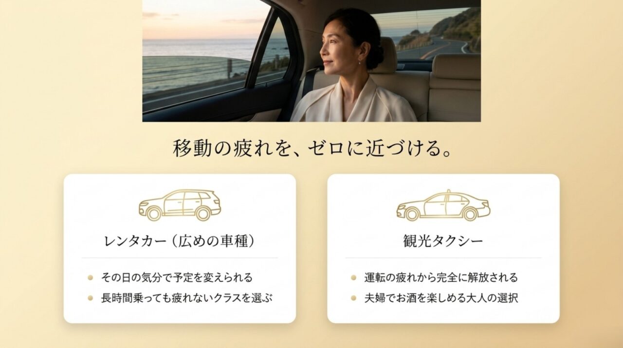 50代の沖縄旅行はレンタカーと観光タクシーを使い分ける 50代の沖縄旅行でレンタカーと観光タクシーを比較し移動の疲れを減らす方法