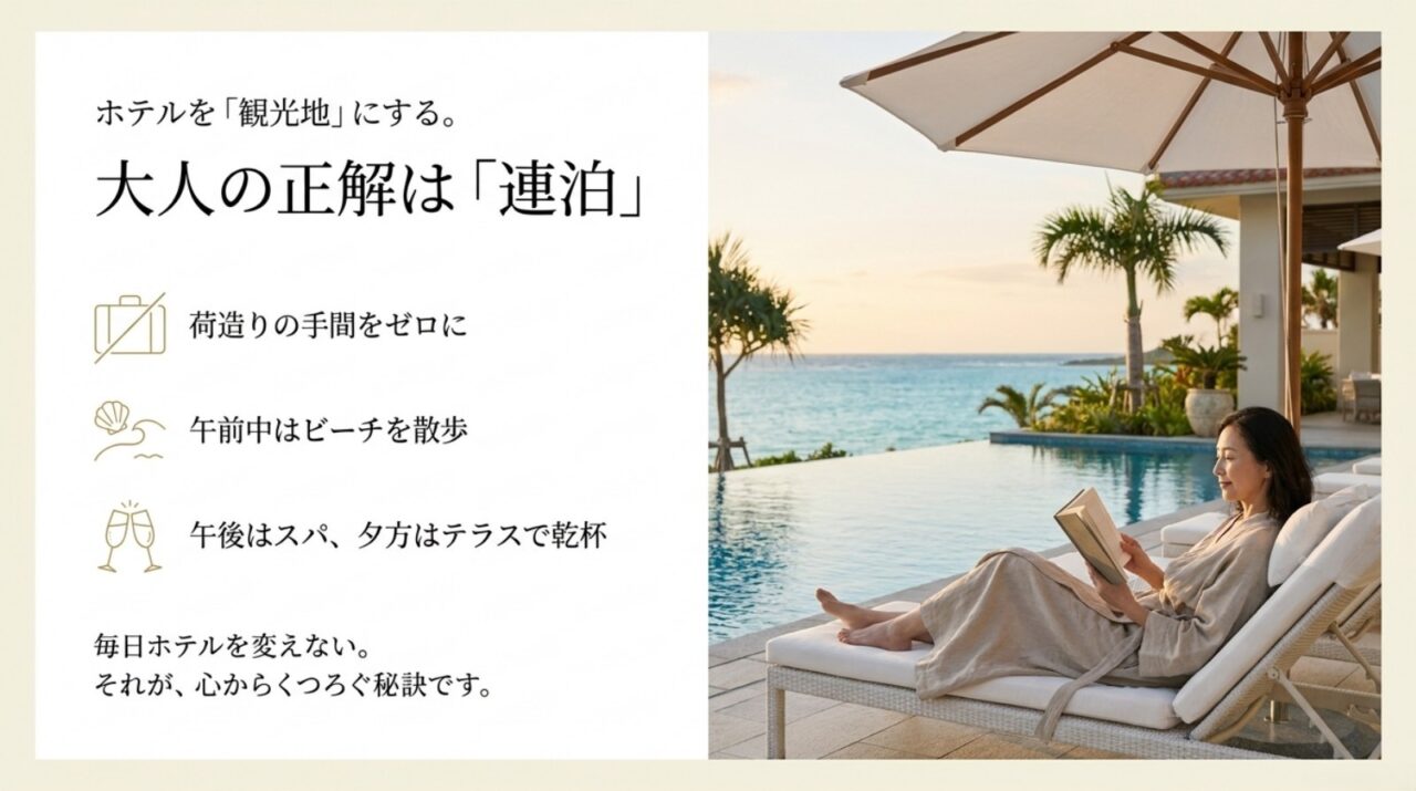 50代の沖縄旅行はリゾートホテル連泊がおすすめ 50代の沖縄旅行でホテルを観光地として連泊しビーチやスパを楽しむ提案