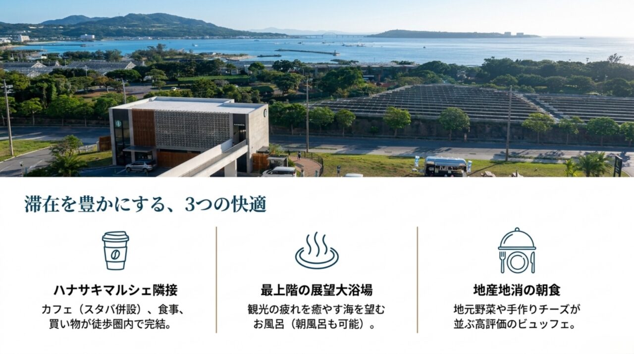 アラマハイナの朝食・大浴場・ハナサキマルシェ アラマハイナ コンドホテルのハナサキマルシェ、展望大浴場、地産地消の朝食を紹介するスライド