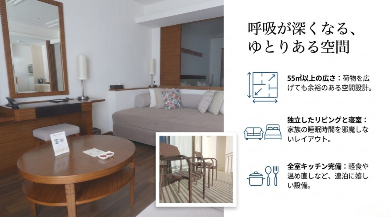 アラマハイナの客室とキッチン アラマハイナ コンドホテルの55平方メートル以上の客室と独立したリビング・寝室・キッチンを紹介するスライド