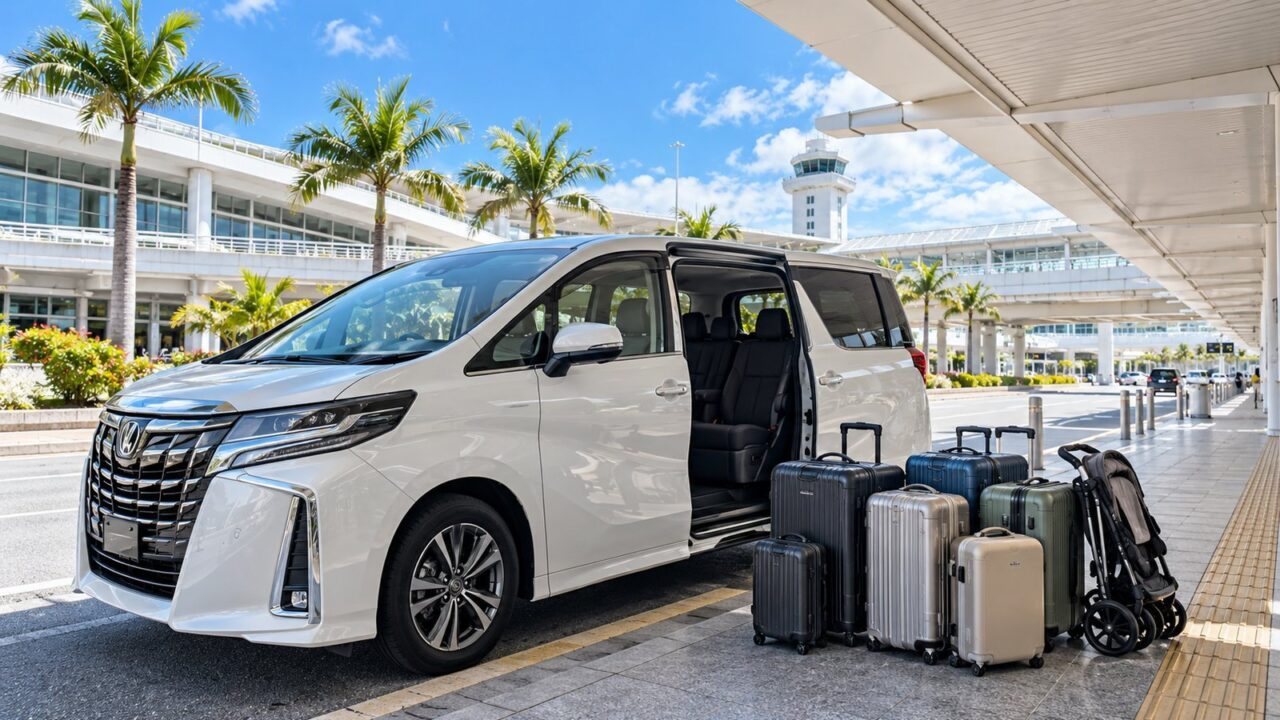 那覇空港をイメージしたターミナル前のミニバンと家族旅行用スーツケース