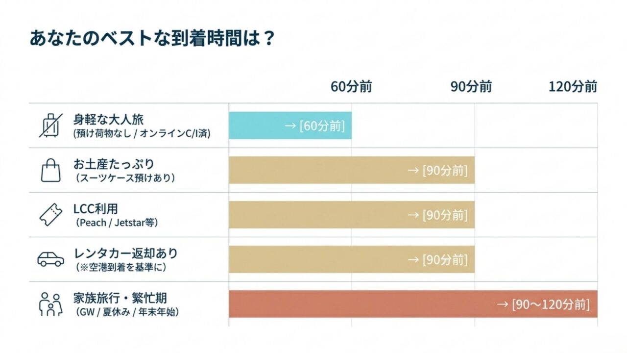 預け荷物なし、預け荷物あり、LCC、レンタカー返却、繁忙期ごとの60分前から120分前の到着目安