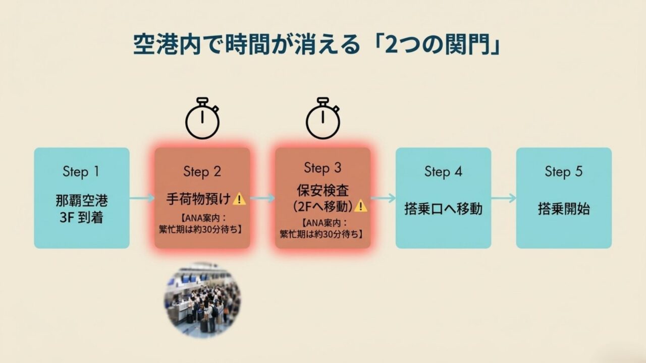 那覇空港到着から手荷物預け、保安検査、搭乗口移動、搭乗開始までの5ステップ