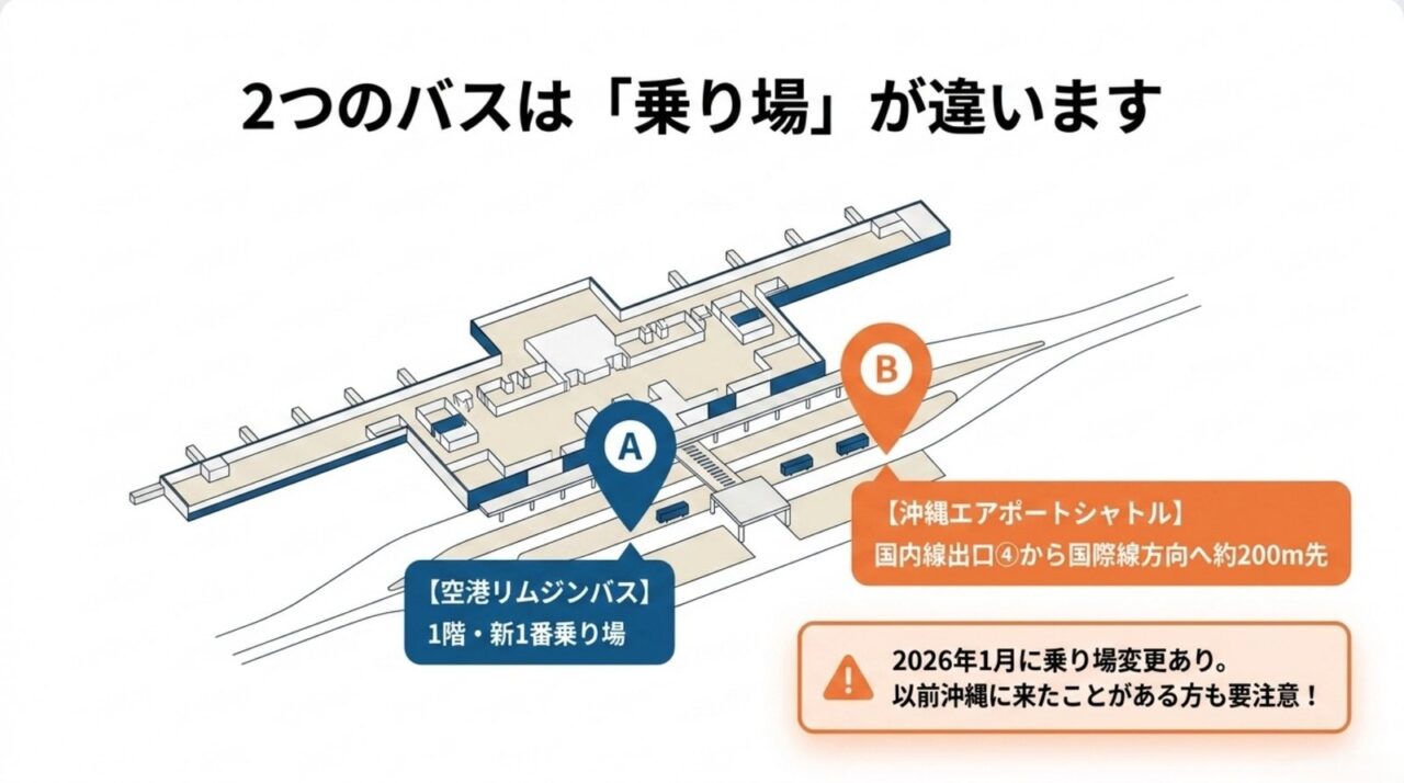 那覇空港のバス乗り場の違い 空港リムジンバスと沖縄エアポートシャトルの那覇空港での乗り場の違いを示す図解