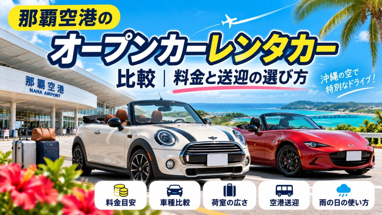 那覇空港と沖縄の海を背景にMINIコンバーチブルとロードスターを配置したオープンカーレンタカー比較のアイキャッチ