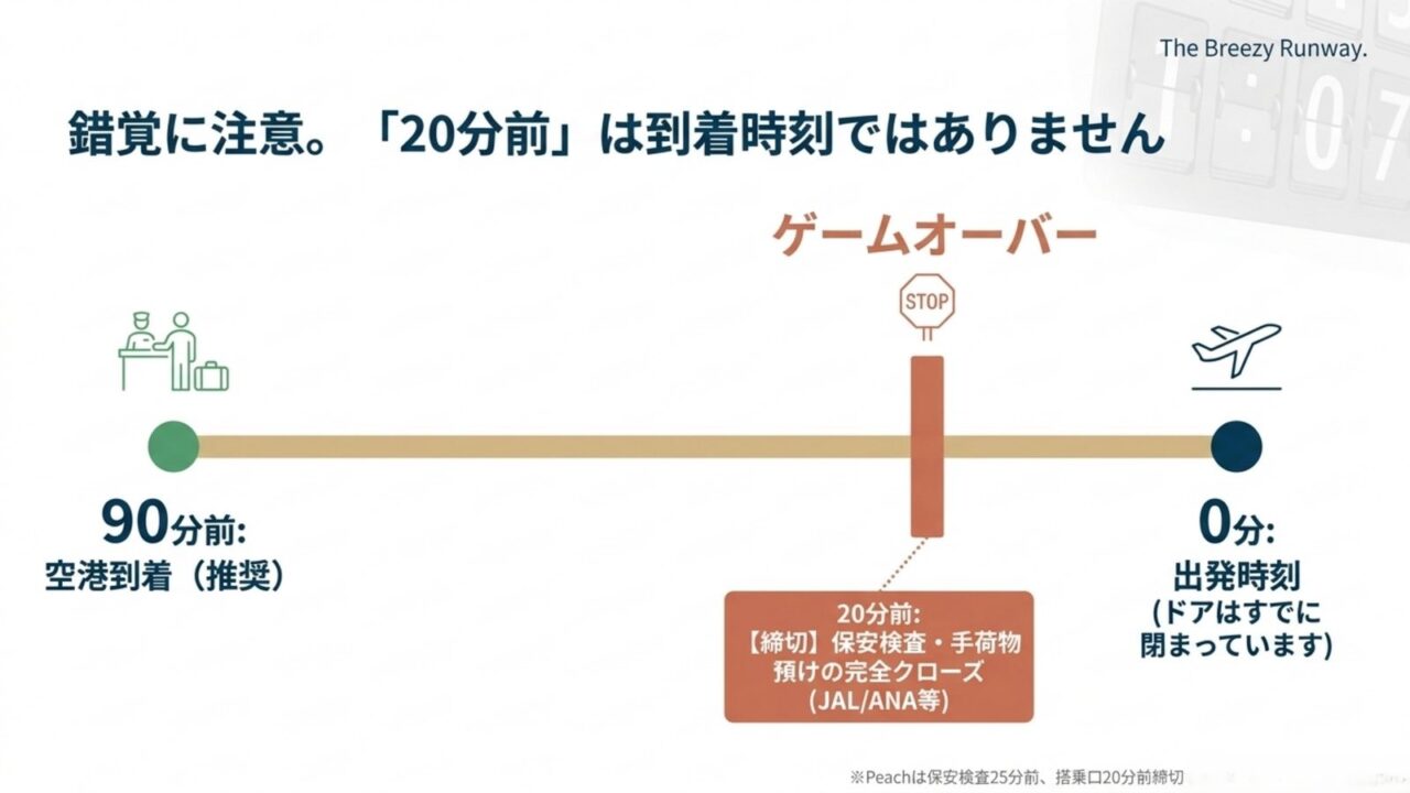 出発90分前の空港到着から20分前の手続き締切、出発時刻までを示したタイムライン