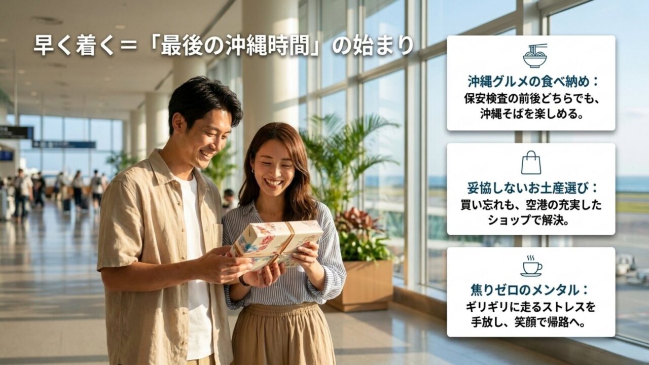 那覇空港で沖縄グルメやお土産選びを楽しみながら余裕を持って出発する旅行者のイメージ