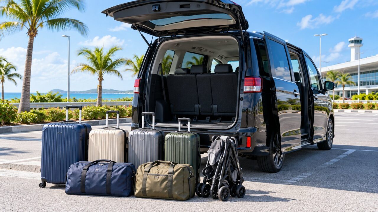 ミニバンの後ろにスーツケースやバッグ、折りたたみベビーカーを並べた旅行荷物のイメージ