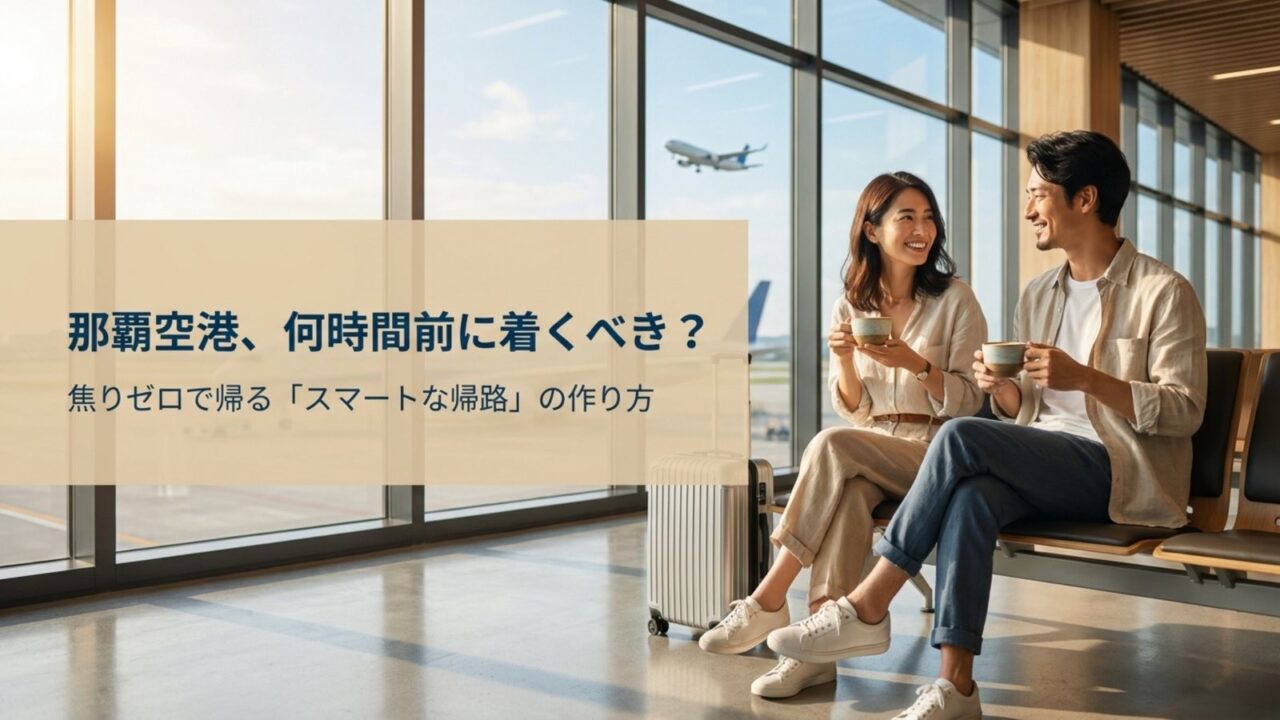 那覇空港で出発を待つ旅行者と「那覇空港、何時間前に着くべき？」の文字