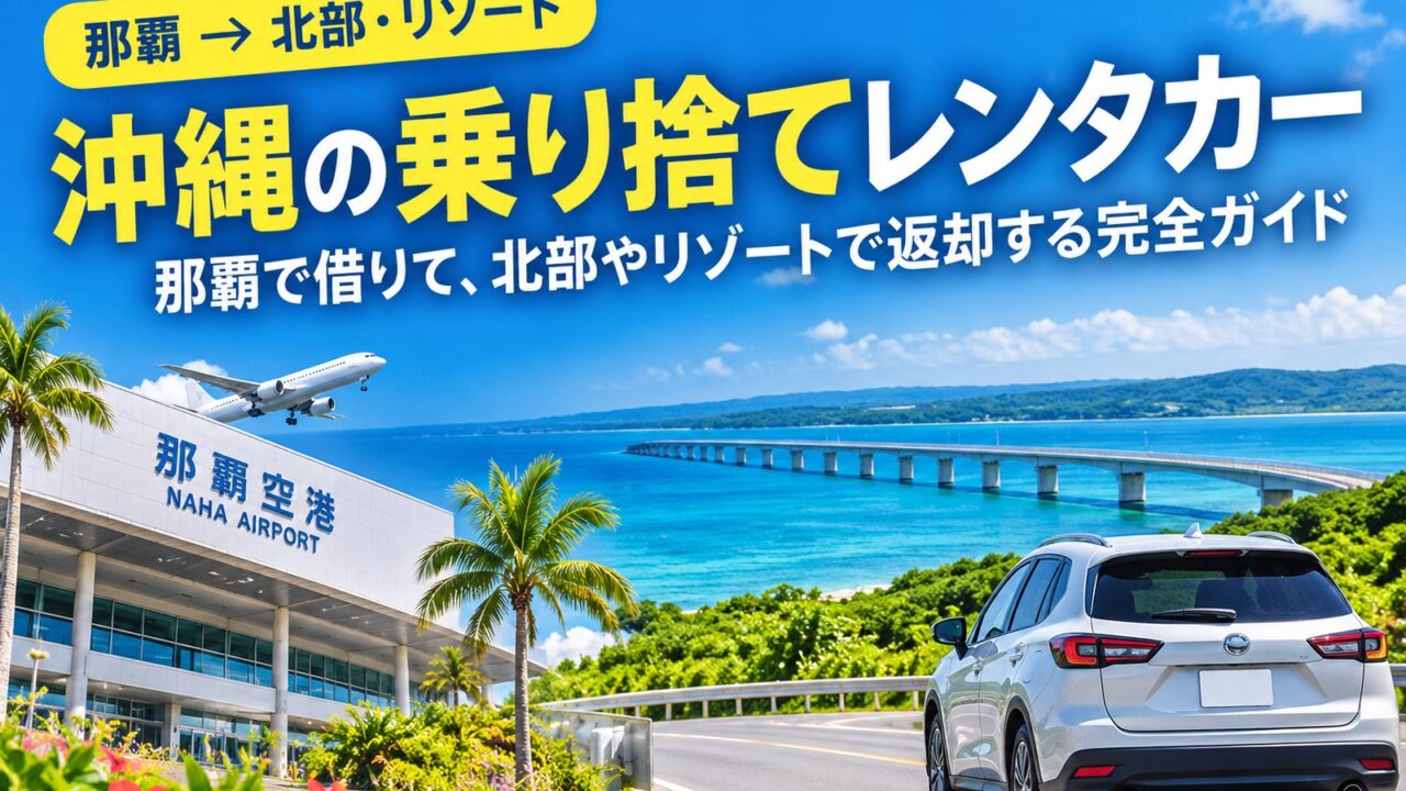 那覇空港で借りて北谷・恩納村・名護などで返す乗り捨てレンタカーの選び方を解説する記事のアイキャッチです。