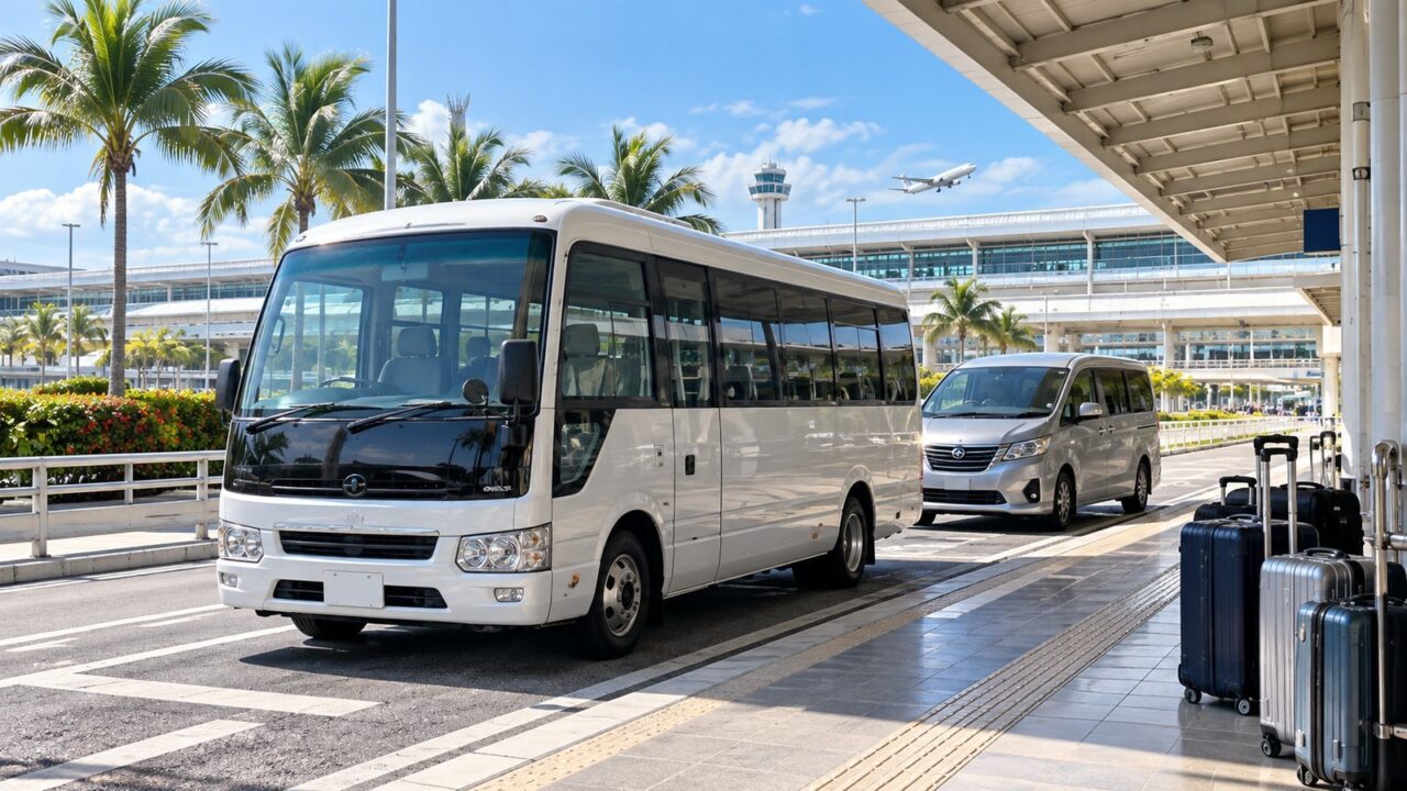 那覇空港をイメージしたターミナル前を走るレンタカー送迎バスとミニバン