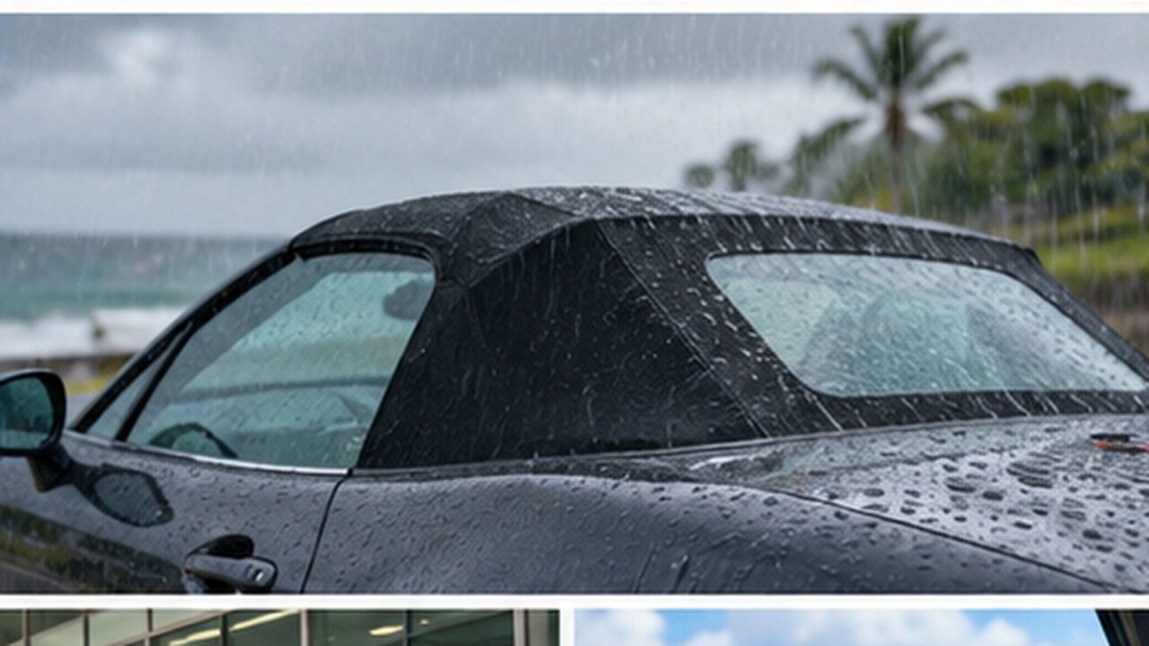 沖縄の雨の中でソフトトップを閉じて走るオープンカー