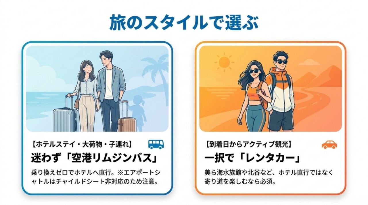 旅行スタイル別の恩納村アクセス ホテルステイや子連れは空港リムジンバス、到着日から観光するならレンタカーを選ぶ目安の図解