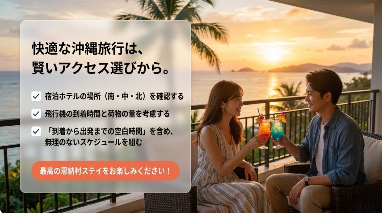 恩納村へのアクセス選びまとめ 宿泊ホテルの場所・飛行機の到着時間・荷物量を確認して恩納村への移動手段を選ぶポイントをまとめた図解