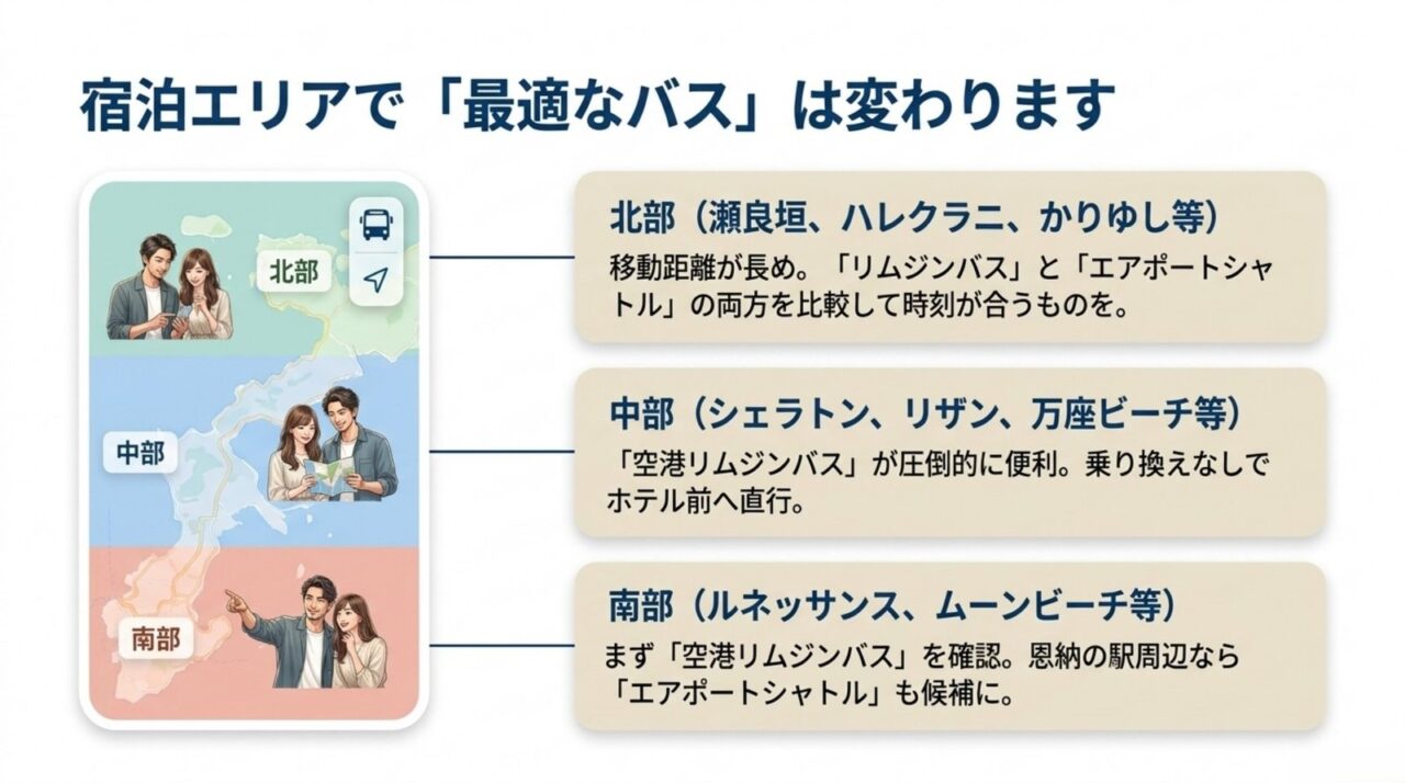 恩納村の宿泊エリア別おすすめバス 恩納村を南部・中部・北部に分けて空港リムジンバスと沖縄エアポートシャトルの選び方を示す図解