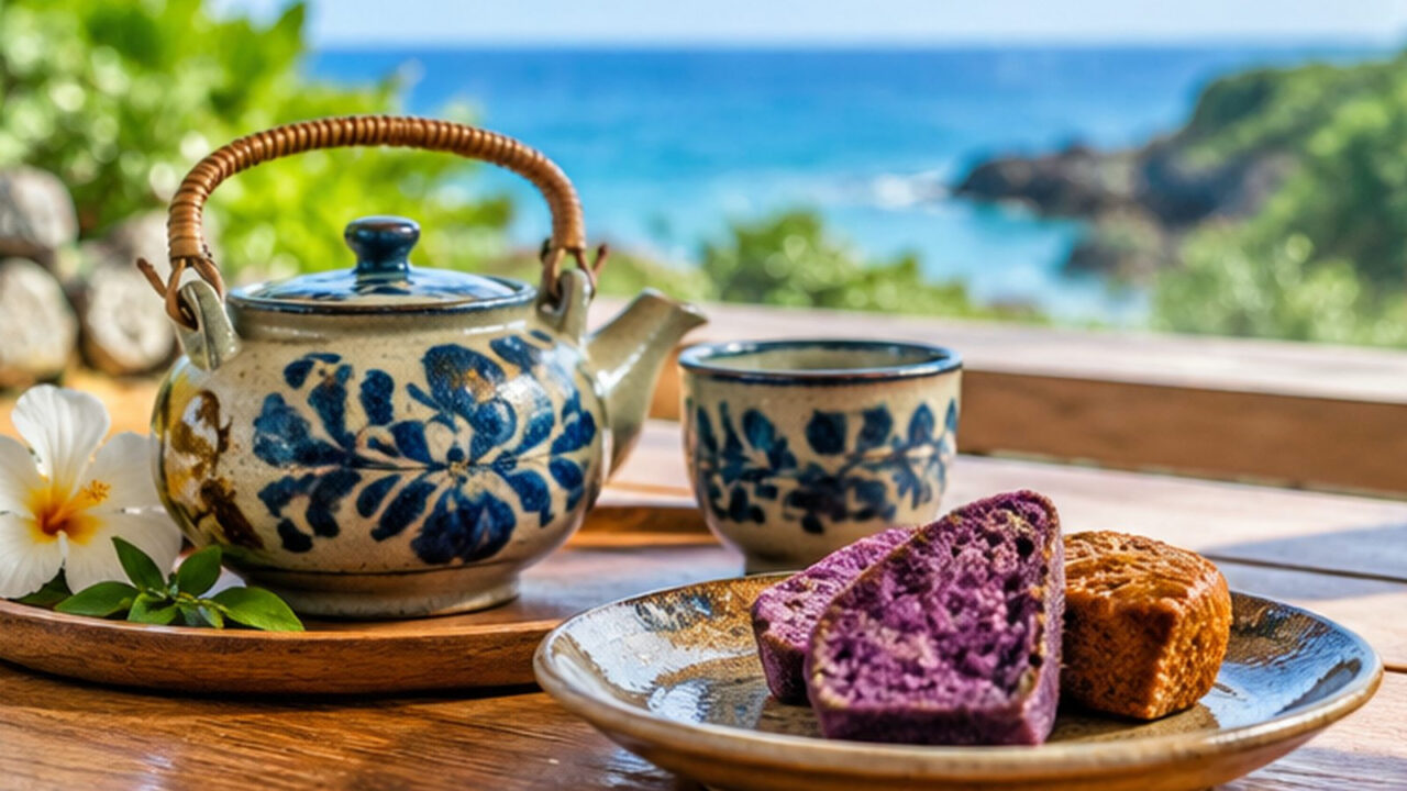 沖縄のやちむん茶器と焼き菓子を並べたティータイムのイメージ