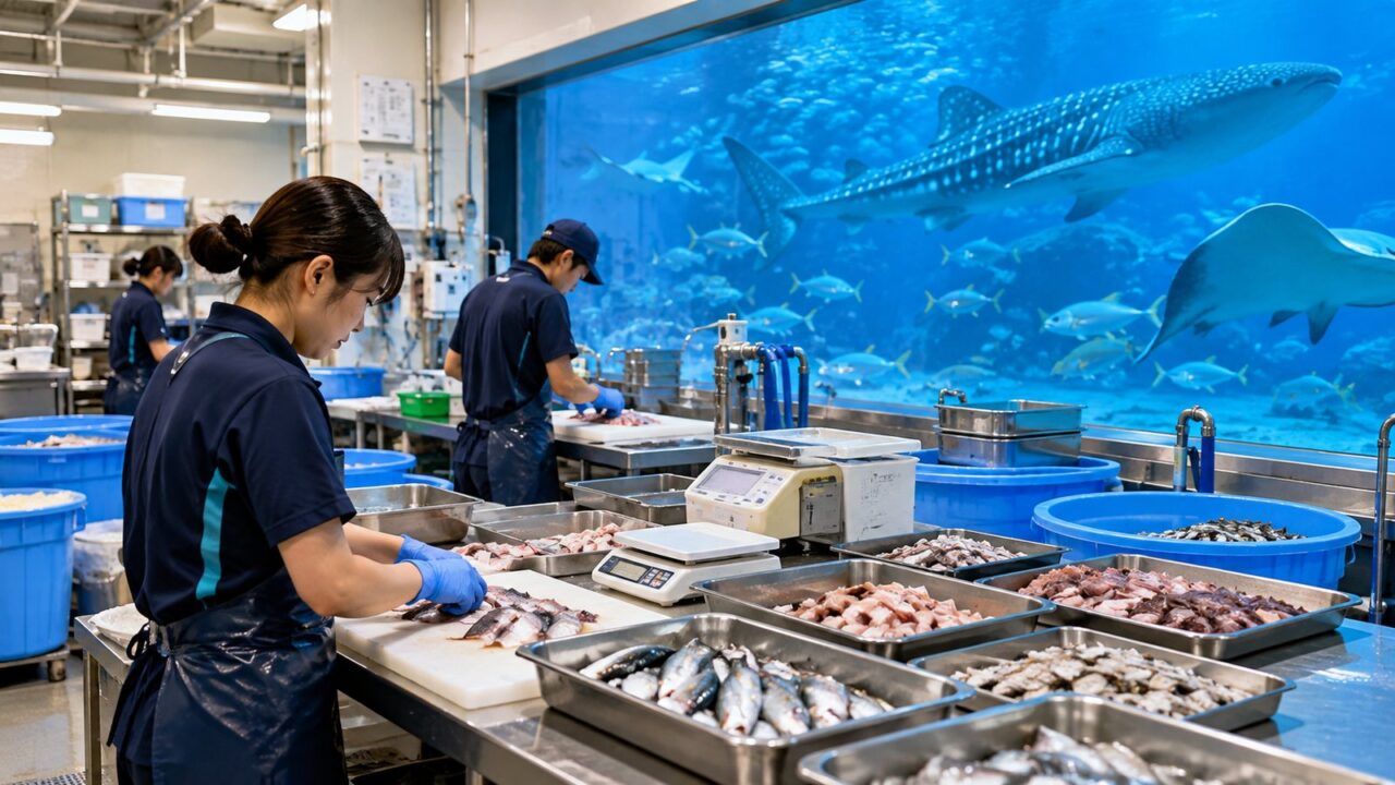 水族館の調餌室で飼育員が魚の餌を準備しているバックヤードのイメージ