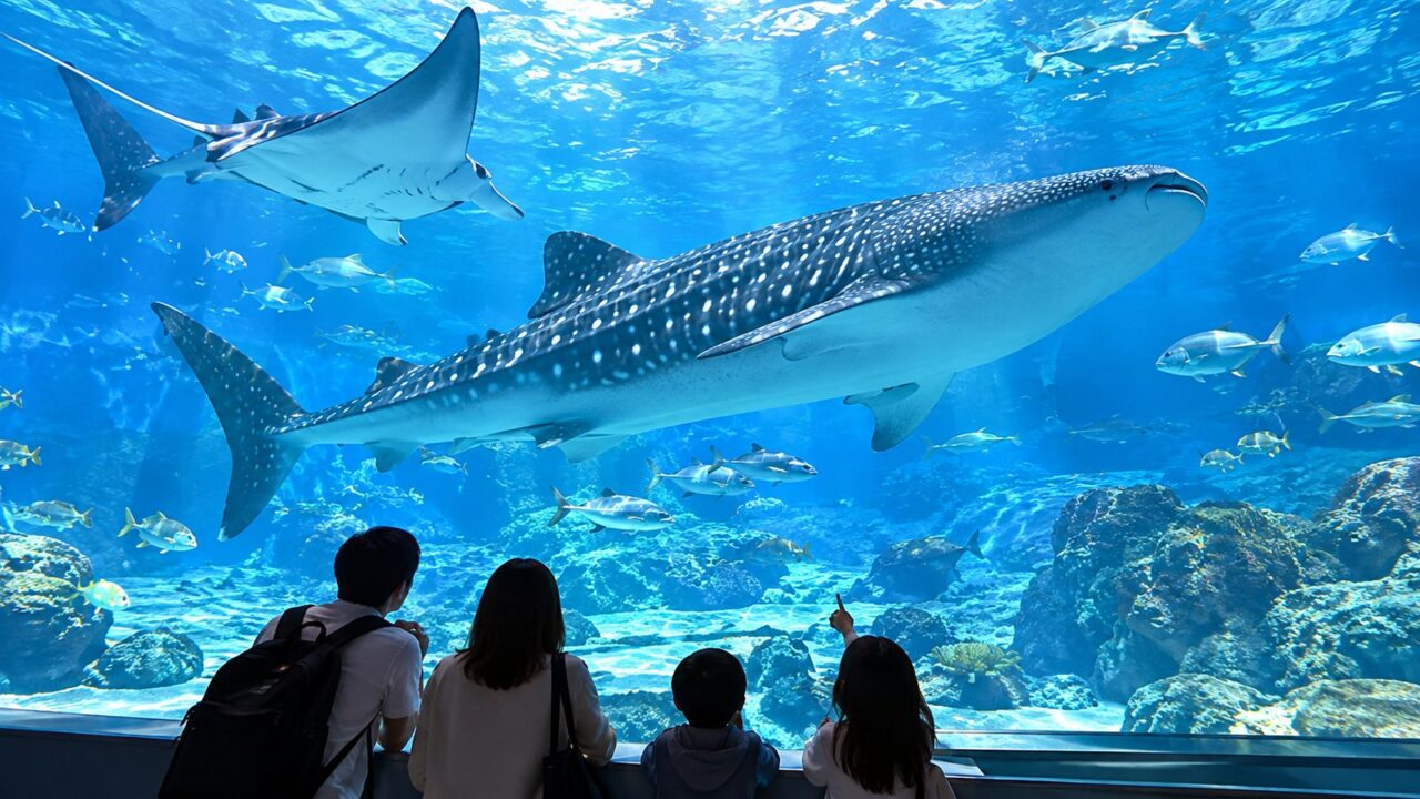 美ら海水族館をイメージした巨大水槽でジンベエザメとマンタを見る家族