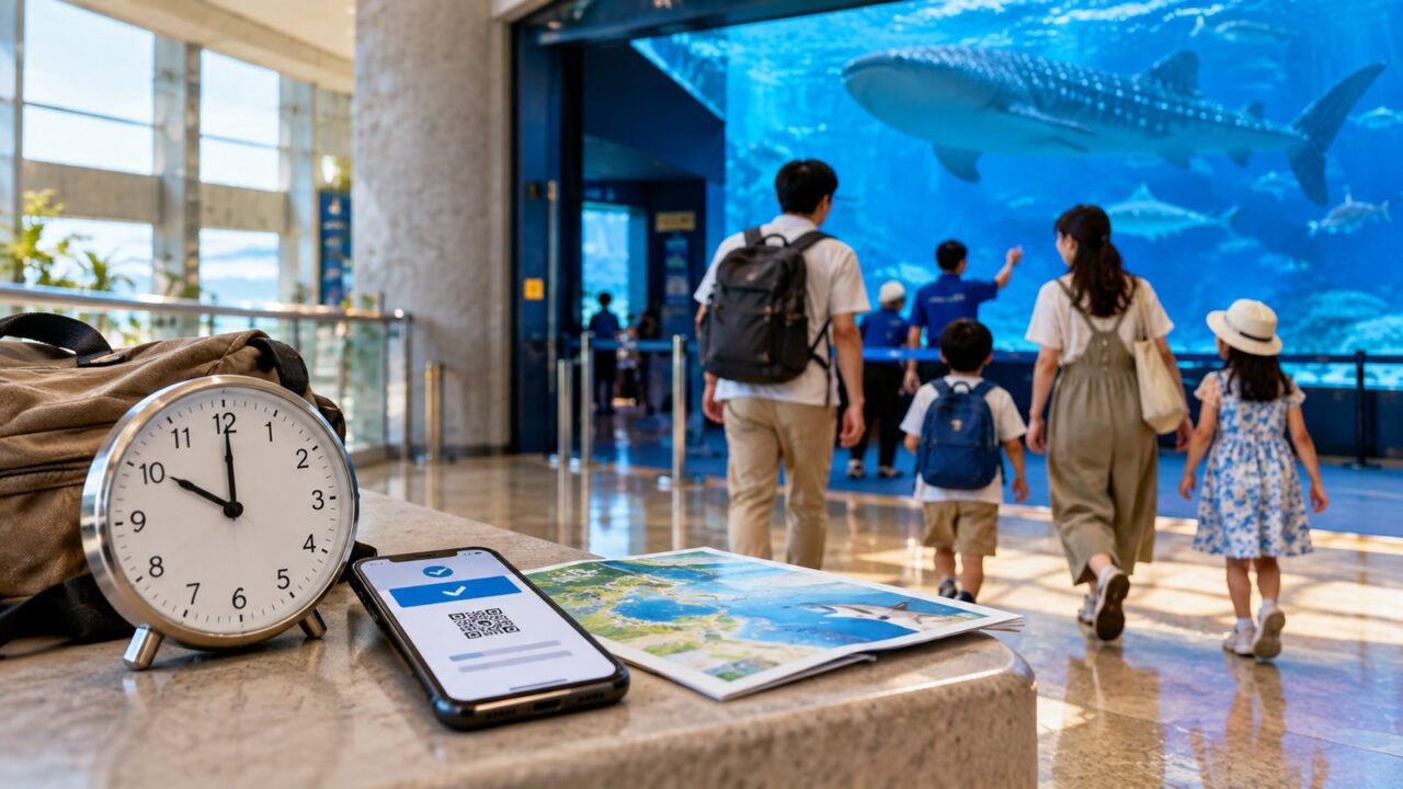 水族館館内で時計とスマートフォンの予約画面を確認しながら集合場所へ向かう家族