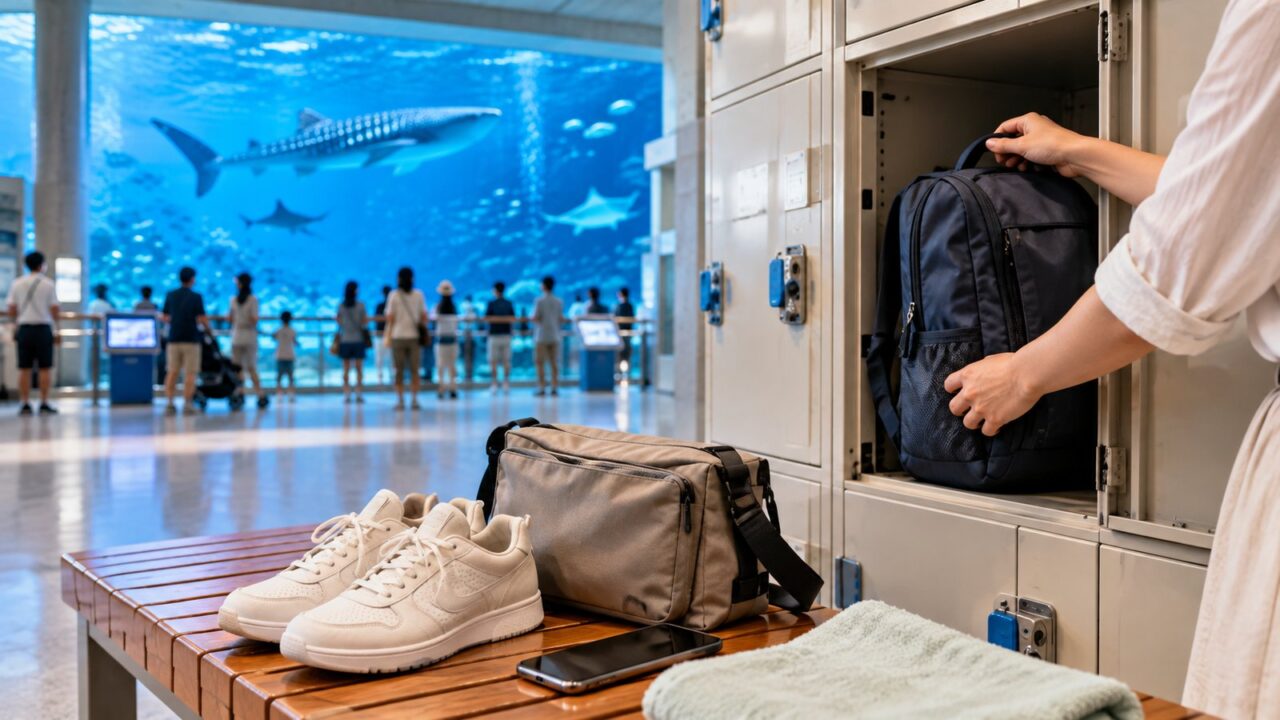 水族館のロッカー付近にスニーカーと小さなバッグを置き大きな荷物を預ける旅行者