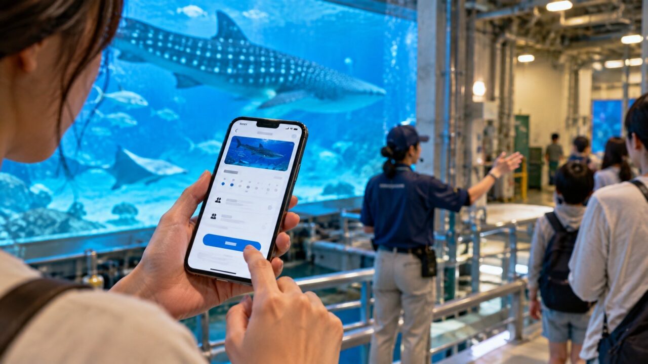 水族館のバックヤードツアーをスマートフォンでオンライン予約する旅行者