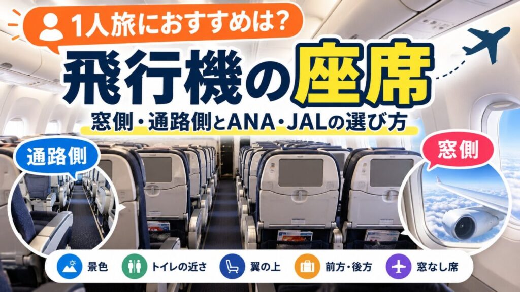 1人旅の飛行機で窓側・通路側・前方後方・窓なし席まで座席選びのポイントをまとめた記事のアイキャッチ