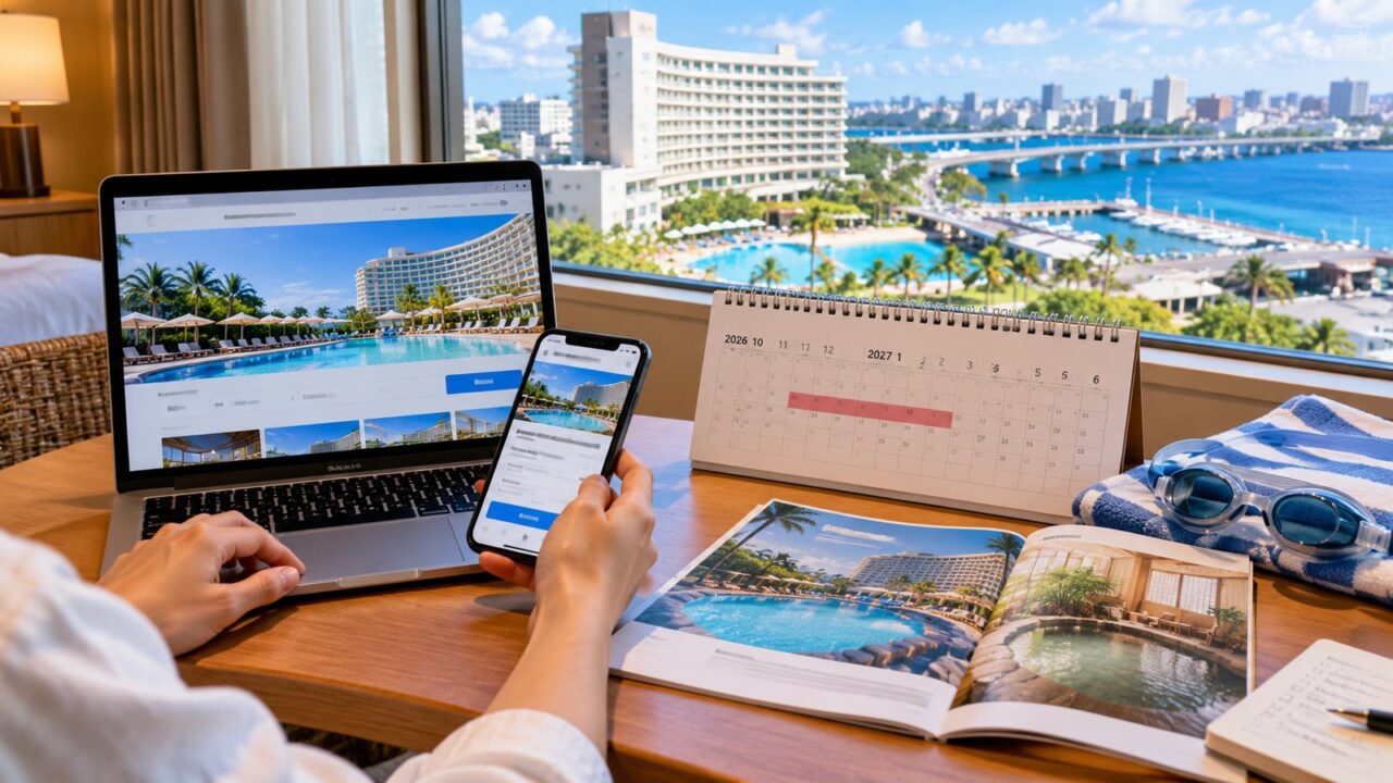 ホテル客室でスマートフォンとカレンダーを見ながらプール営業日を確認する旅行者