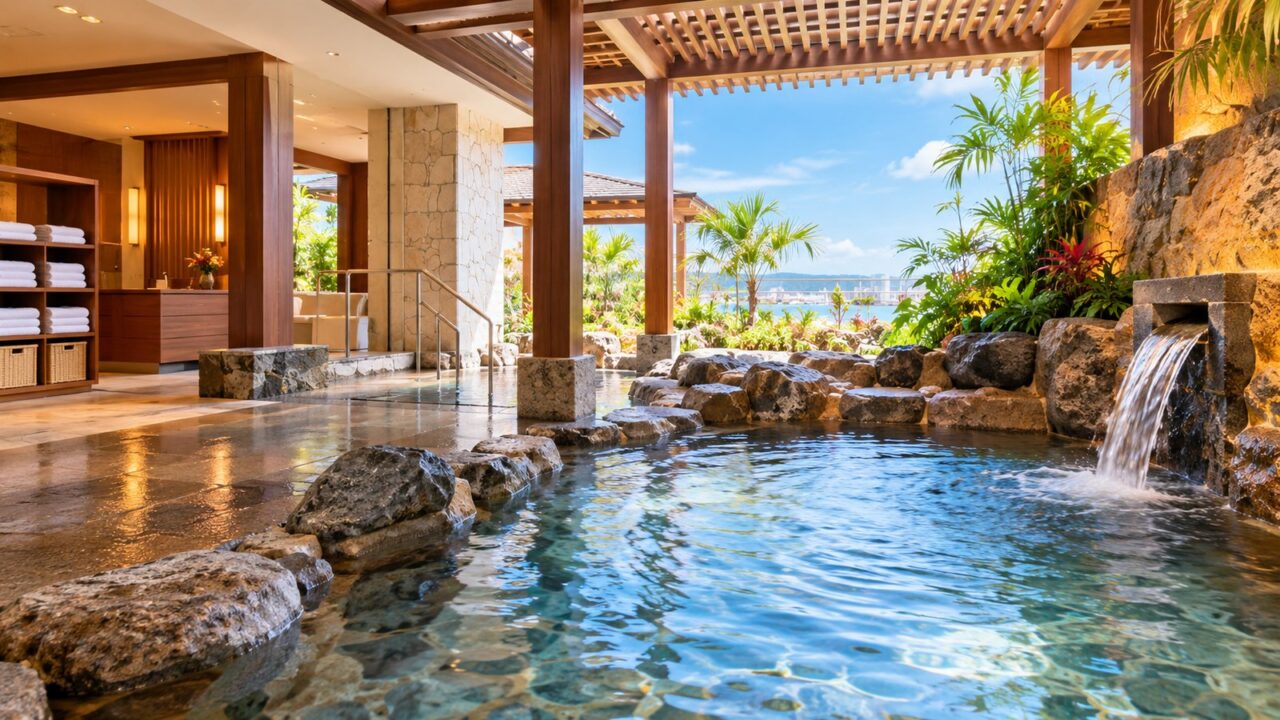 沖縄らしい木と石を使った天然温泉の露天風呂と内湯のイメージ
