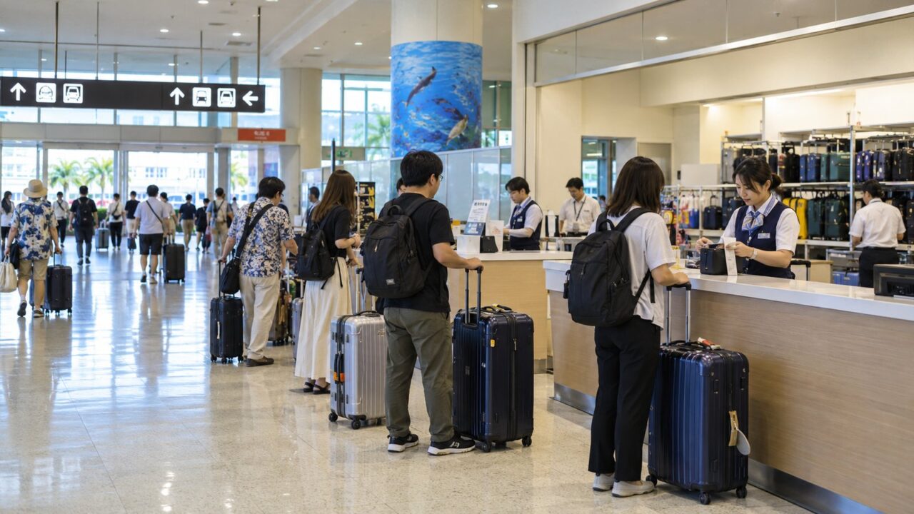那覇空港の荷物預かりはどこ?料金・場所・時間を徹底比較! 4 那覇空港到着後に手荷物カウンターを利用する旅行者のイメージ